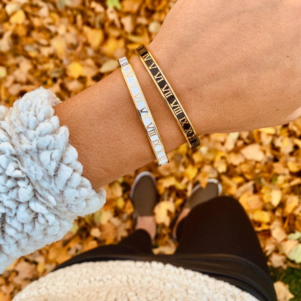 Black and White Roman Numerals Bangle Bracelet - Stainless Steel