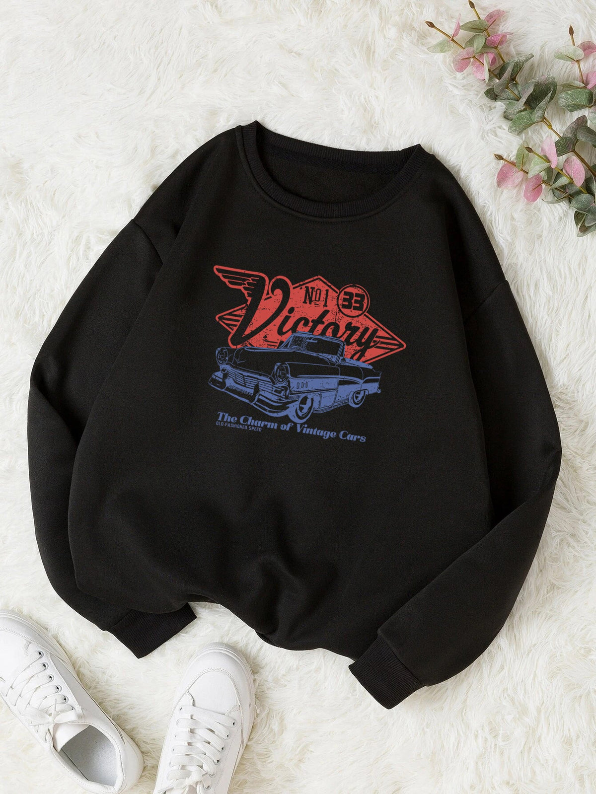 Women's Print Thermal Lined Crew Neck Loose Pullover Long sleeve shirt